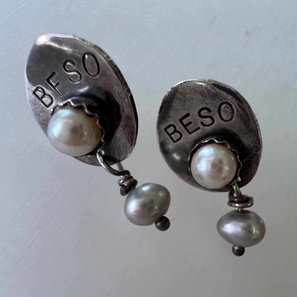 Vintage 1990s Fortuna Metalsmiths “BESO” Earrings with Pearls Handmade LA, CA